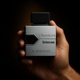 Front view of Al Haramain L'Aventure Intense box, premium branding