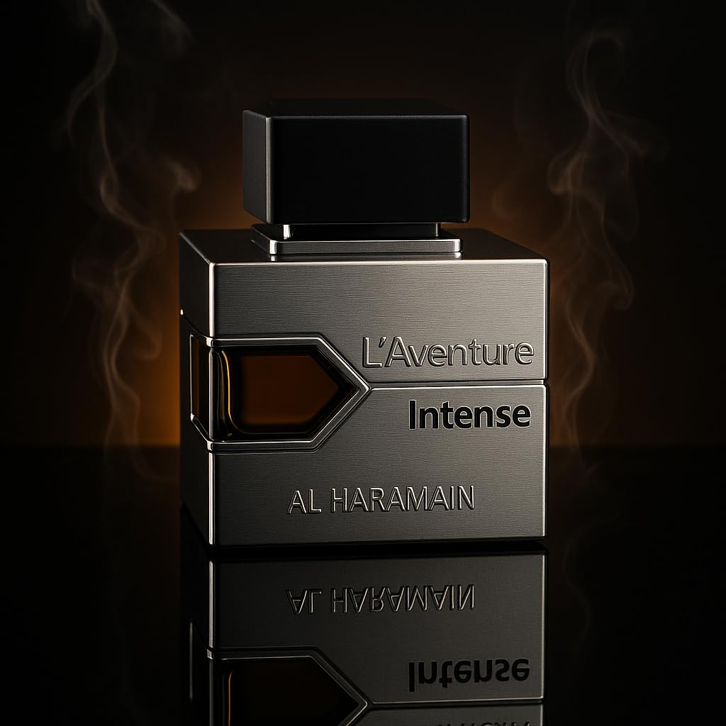 Cap close-up on Al Haramain L'Aventure Intense bottle, refined detailing