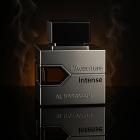 Cap close-up on Al Haramain L'Aventure Intense bottle, refined detailing