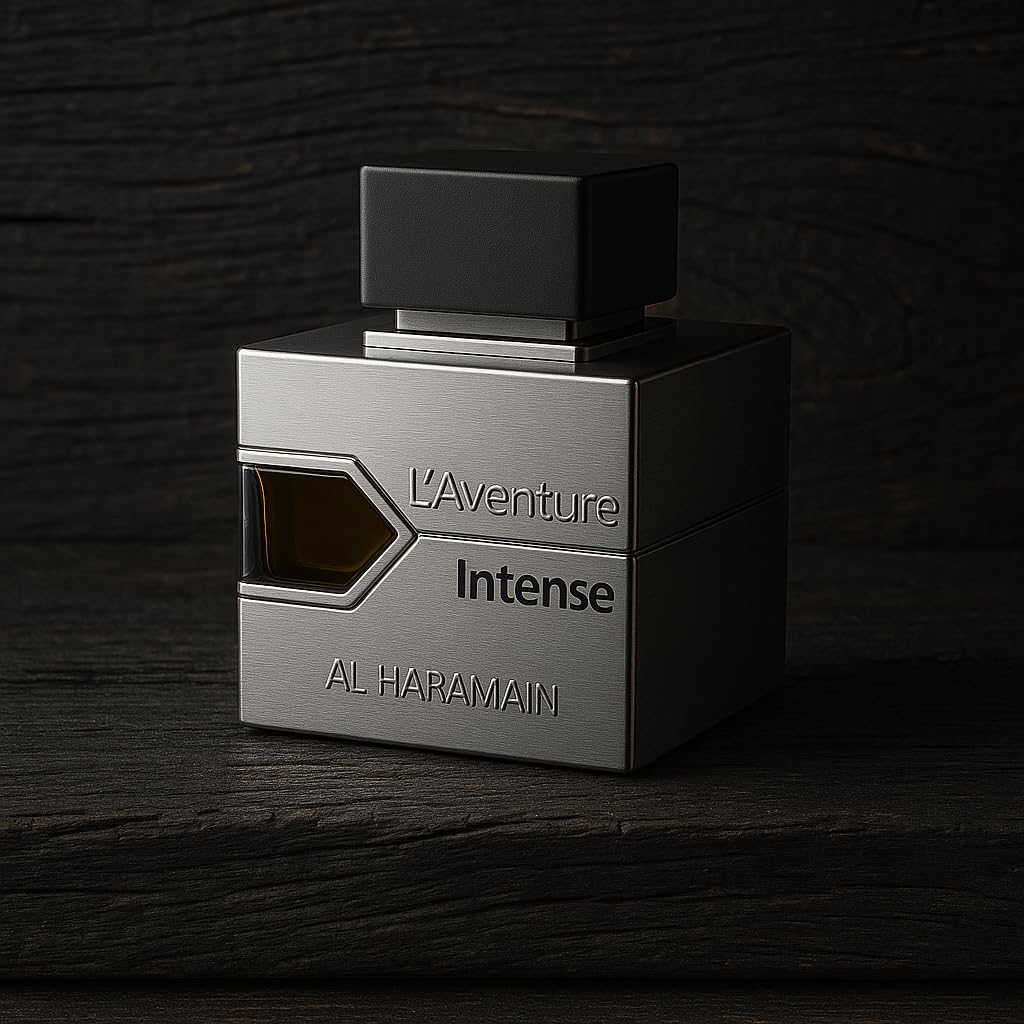 Woody-note accents on the Al Haramain L'Aventure Intense bottle surface