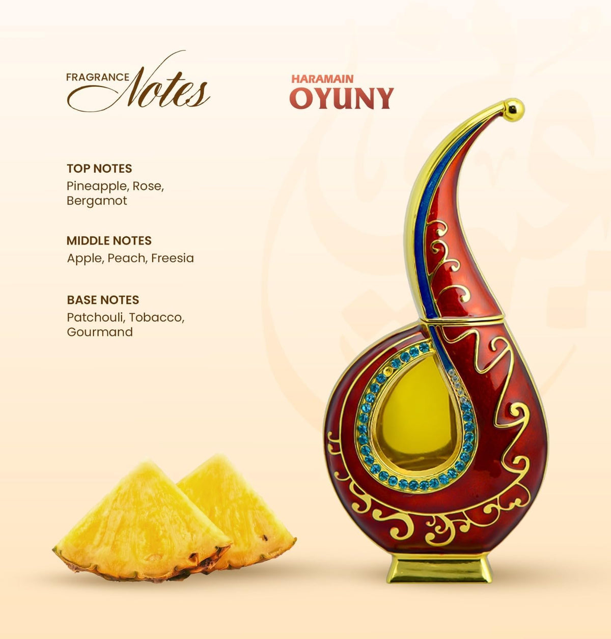 Al Haramain Oyuny bottle angled view; premium glass bottle enhances gifting appeal.