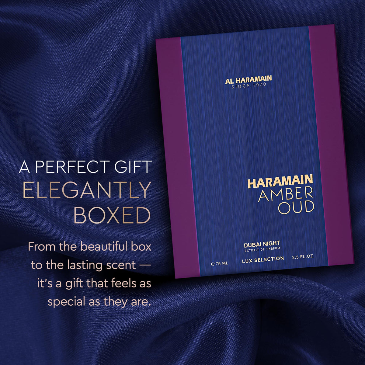 Al Haramain Amber Oud embossed logo on bottle, luxe detail.