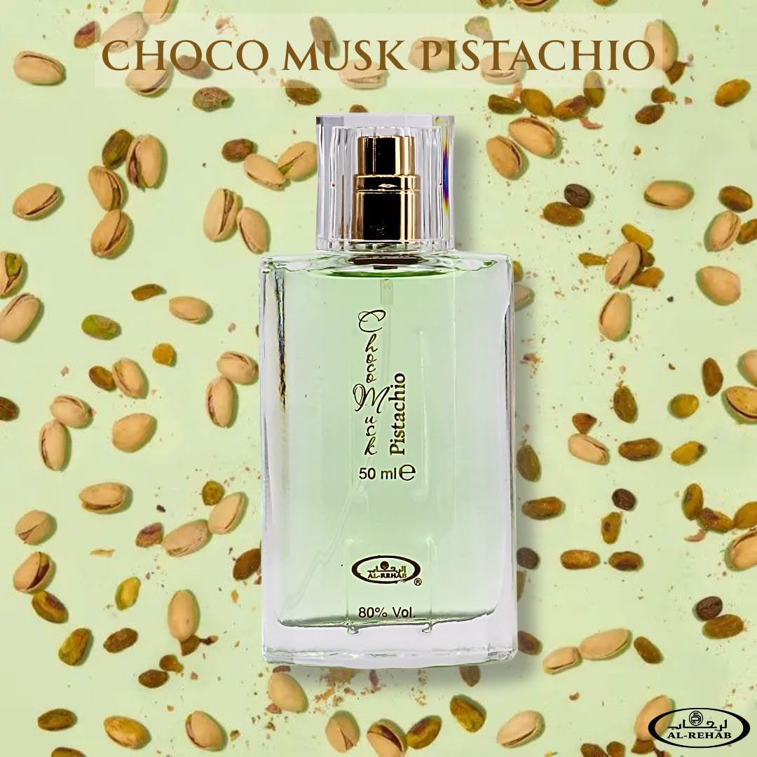 Al-Rehab Choco Musk Pistachio packaging, luxurious design and lasting impression.