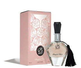 Close-up of Shagaf Al Ward bottle highlights premium glass and amber warmth.