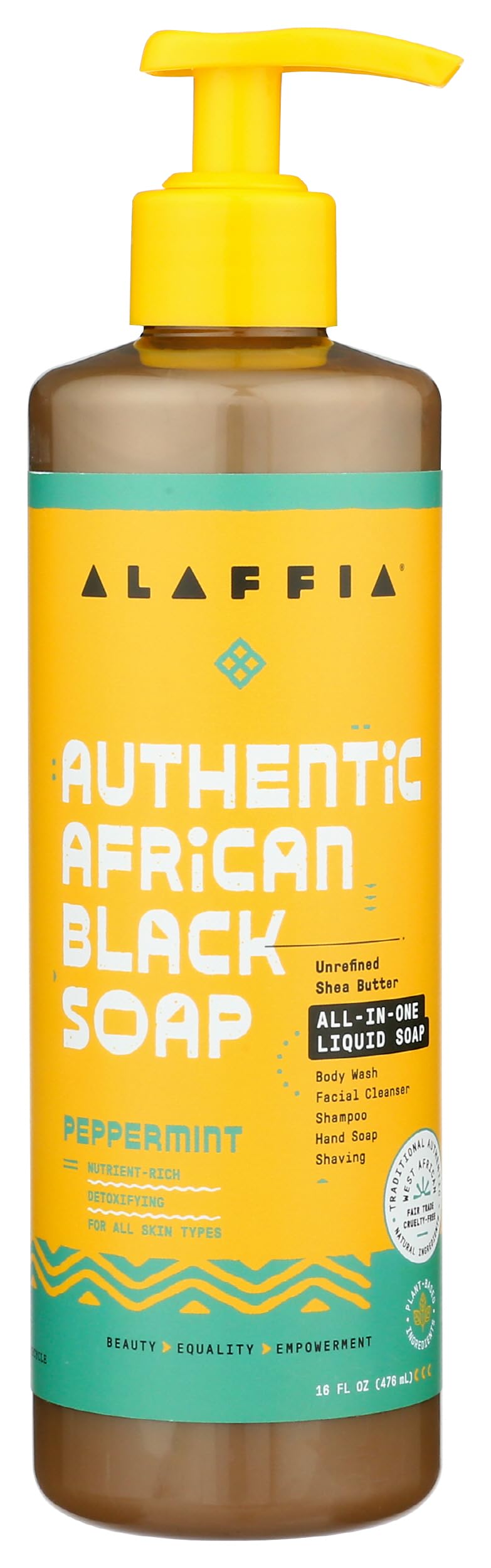 Alaffia African Black Soap Peppermint bottle offers a refreshing all-in-one cleanse for skin and hair.