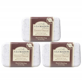A La Maison coconut charcoal bar soap pack for a long-lasting, triple-milled cleanse.
