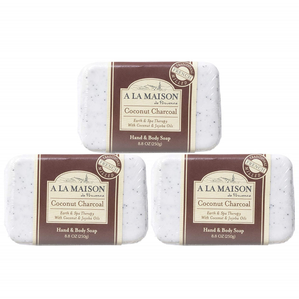 A La Maison coconut charcoal bar soap pack for a long-lasting, triple-milled cleanse.