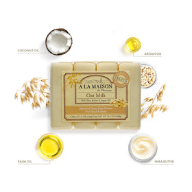 A LA MAISON oat milk bar soap dense lather close-up demonstrates creamy texture.