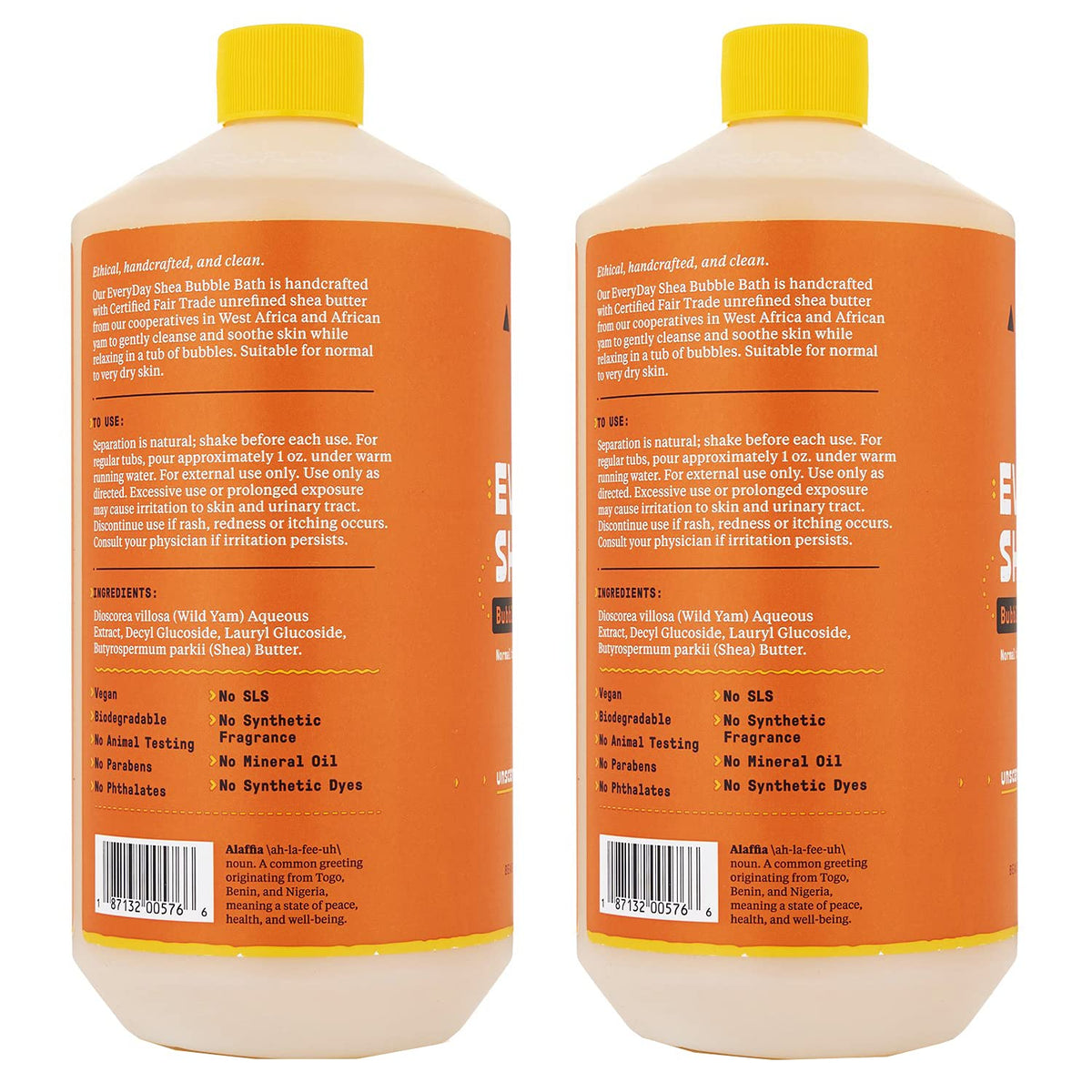 Alaffia Bubble Bath bottle close-up highlighting fragrance-free, skin-friendly formula.