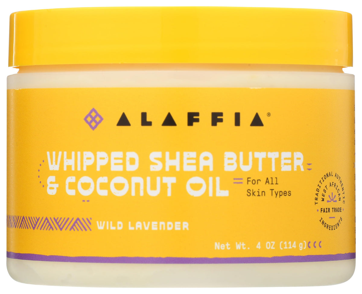 Alaffia Coconut Oil Whipped Shea Butter Wild Lavender in a compact jar for daily moisture.