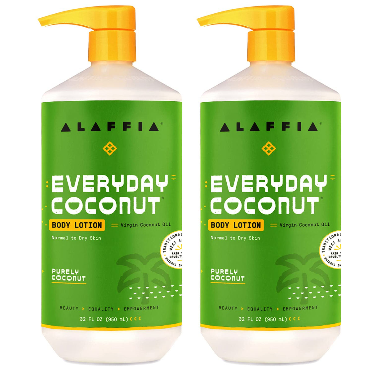 Alaffia Everyday Coconut Body Lotion bottle shows hydration for soft, supple skin.