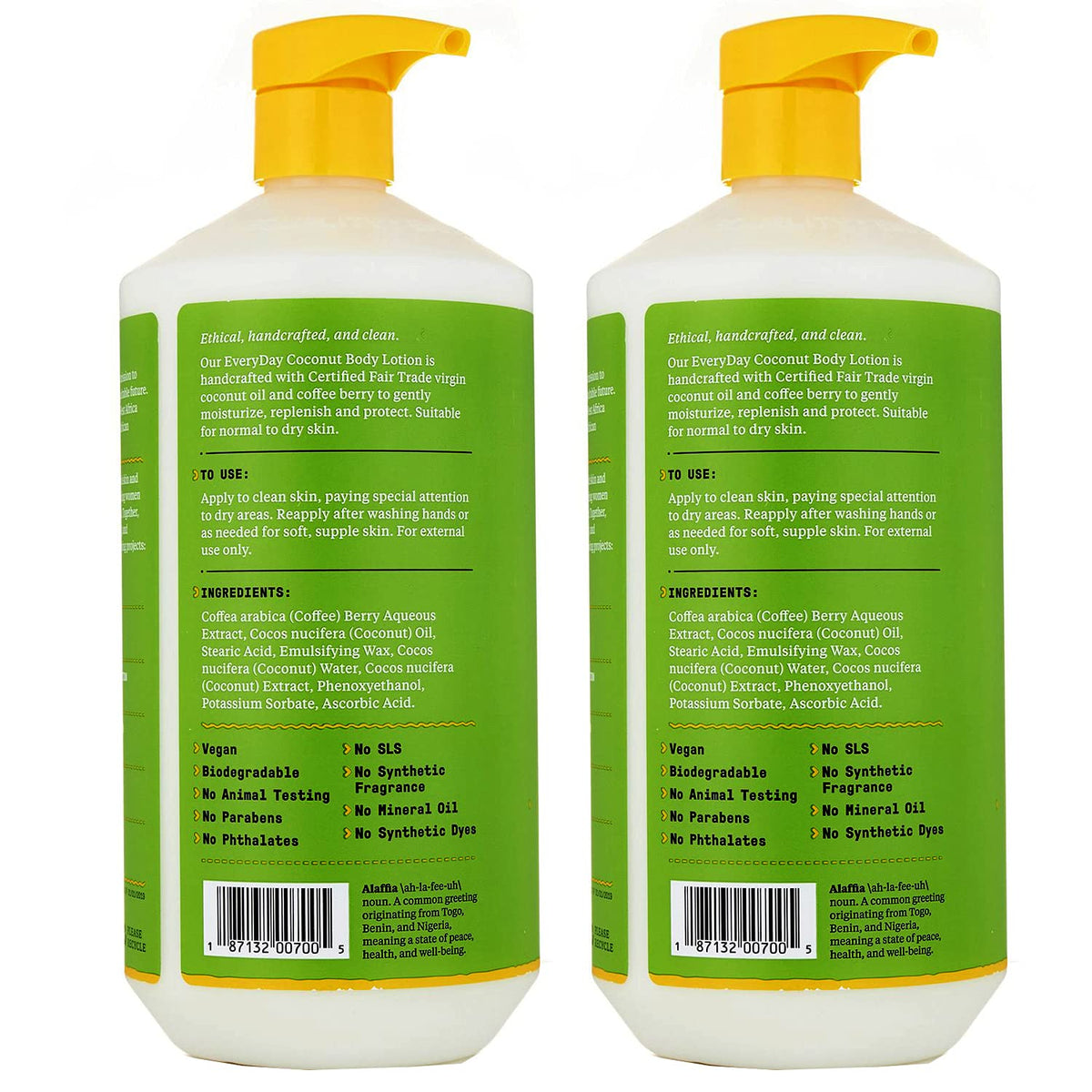 Alaffia Everyday Coconut lotion label detail highlights fair-trade coconut oil and coffee berry.
