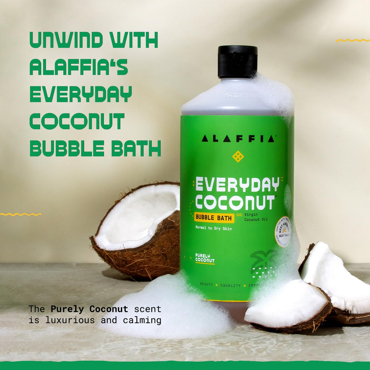 Alaffia Everyday Coconut Bubble Bath bottle label highlighting the Purely Coconut scent.