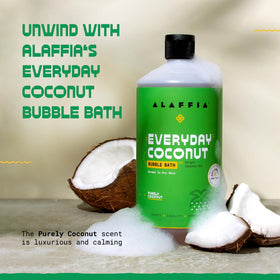Alaffia Everyday Coconut Bubble Bath bottle label highlighting the Purely Coconut scent.