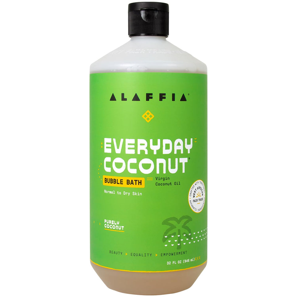 Alaffia Everyday Coconut Bubble Bath pour creates rich, calming foam for a relaxing soak.