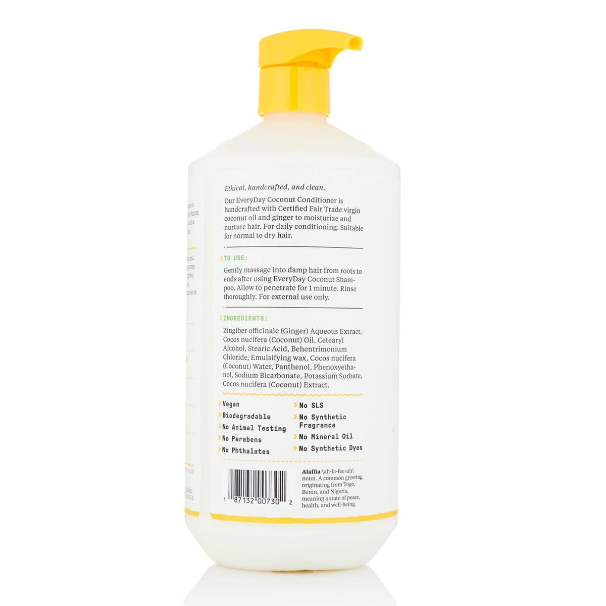 Alaffia EveryDay Coconut Conditioner back label shows responsible sourcing and fair trade credentials.