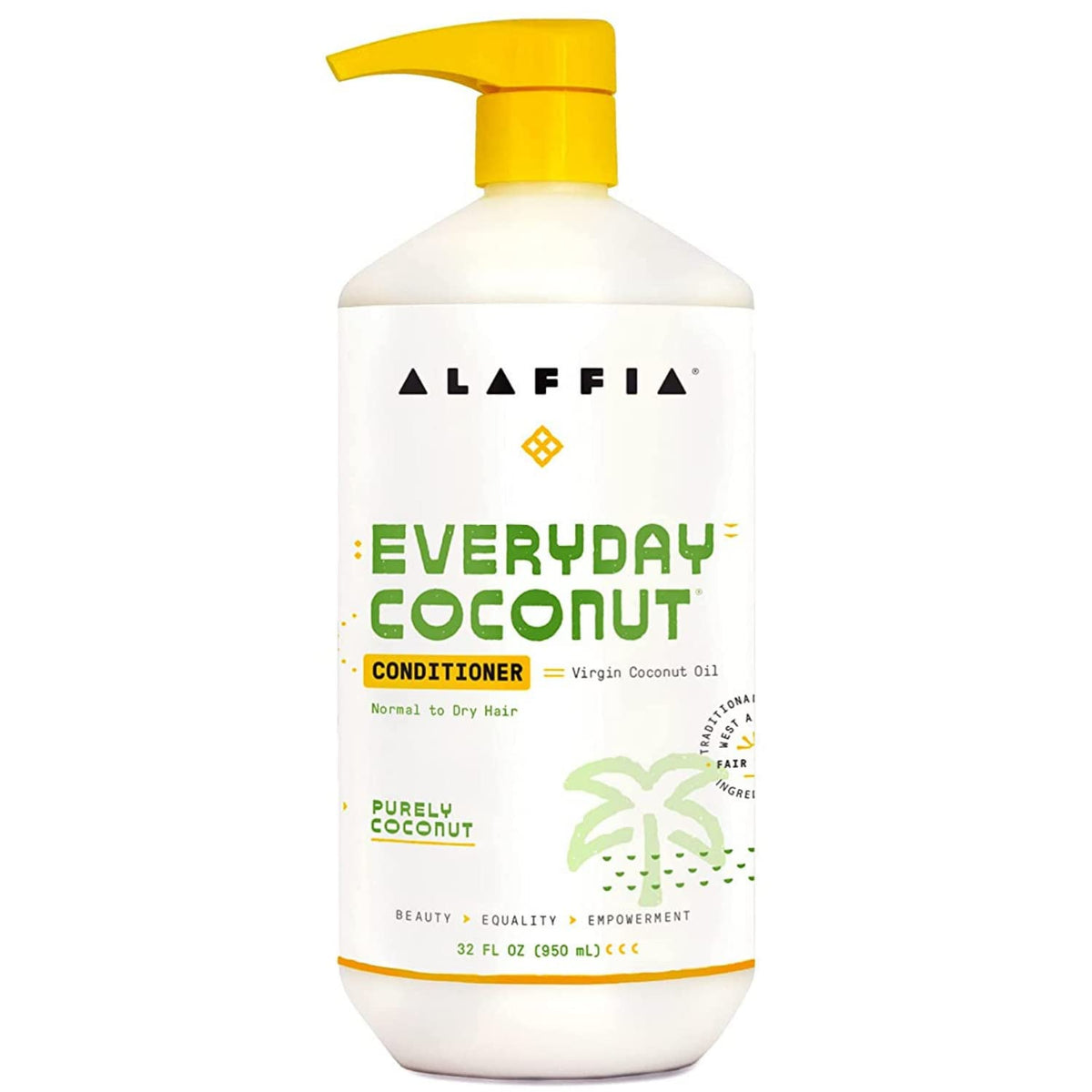 Alaffia EveryDay Coconut Conditioner bottle front view highlights hydrating formula for all hair types.