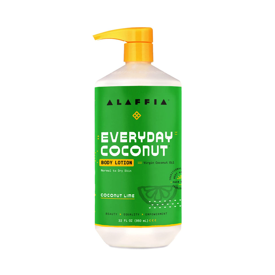 Alaffia Everyday Coconut Hydrating Body Lotion bottle showcasing rich hydration for normal to dry skin.