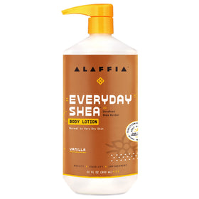 Alaffia EveryDay Shea Body Lotion bottle front ready for daily hydration.