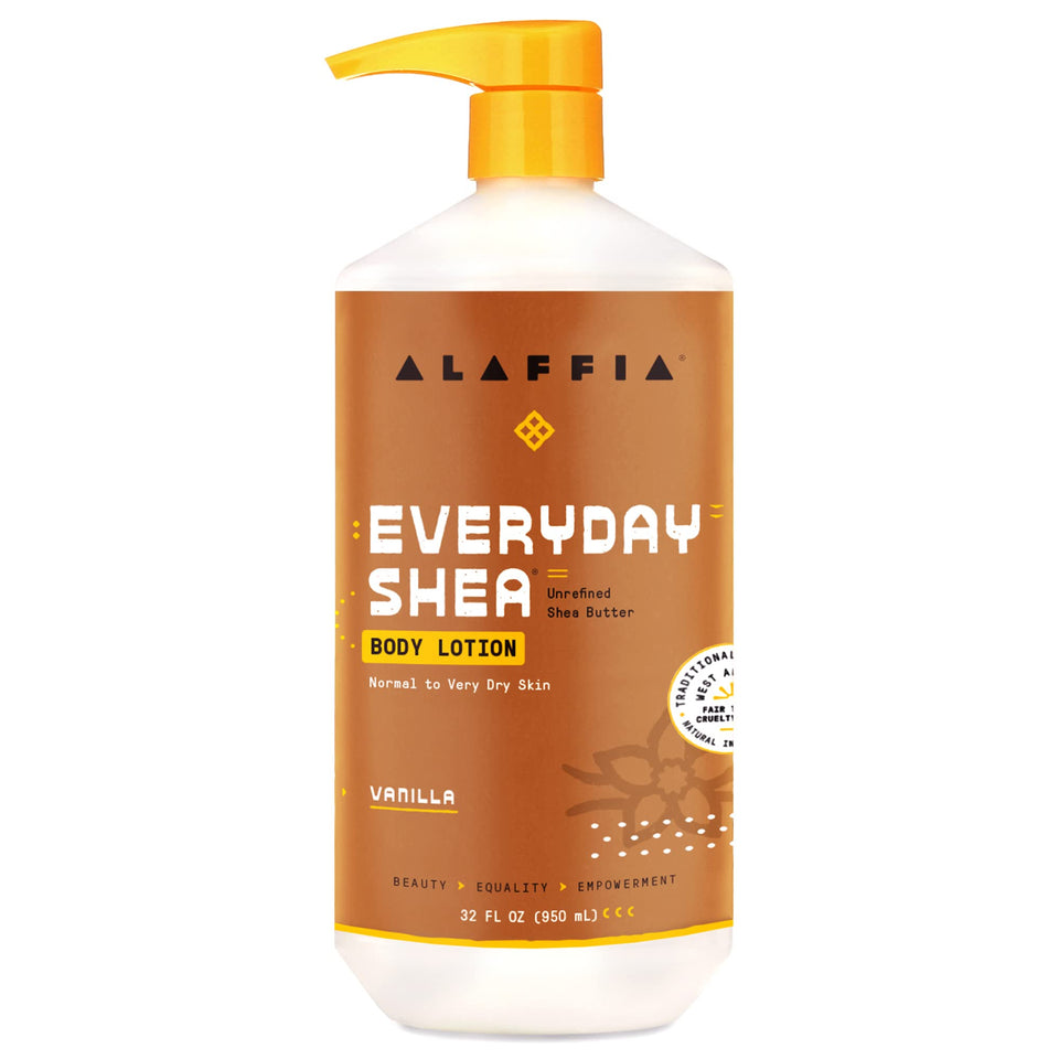 Alaffia EveryDay Shea Body Lotion bottle front ready for daily hydration.