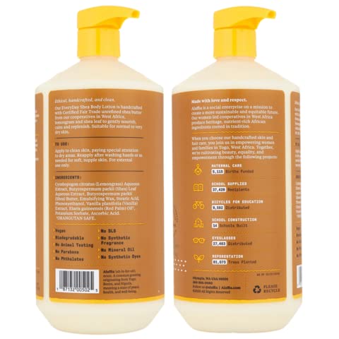 Alaffia EveryDay Shea Body Lotion label closeup highlighting ingredients.