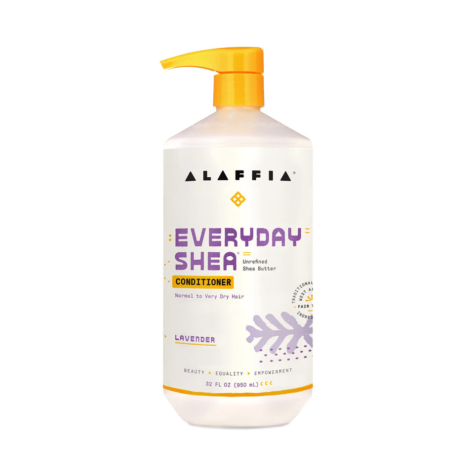 Alaffia Everyday Shea Conditioner lavender bottle highlighting natural care and soothing scent