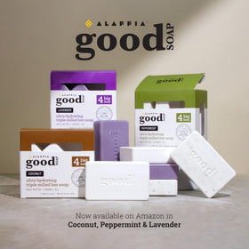 Alaffia Good Soap Coconut assortment on tray signals natural, gentle cleansing