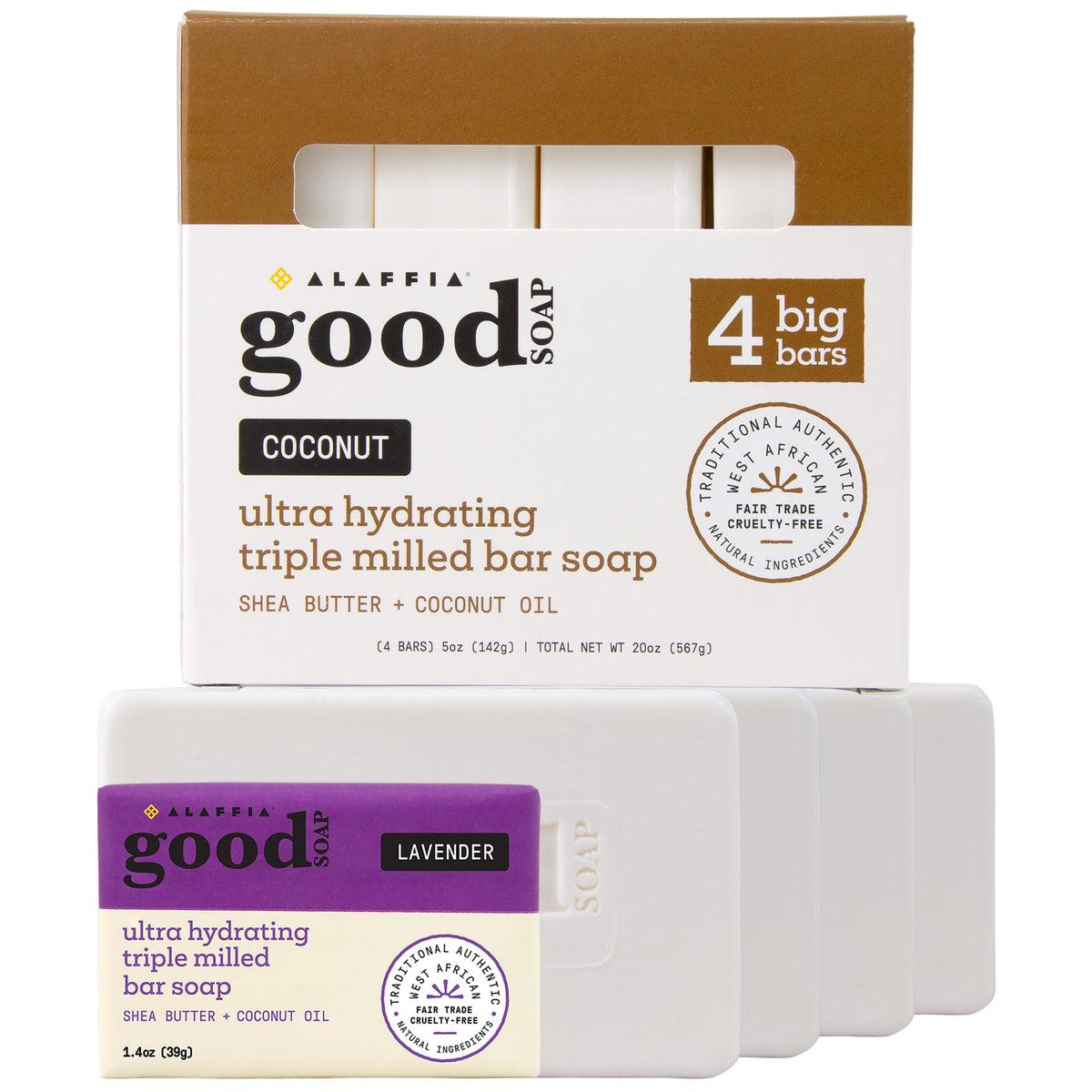 Alaffia Good Soap Coconut bars in a pack, providing rich lather for hands and body.