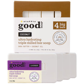 Alaffia Good Soap Coconut bars in a pack, providing rich lather for hands and body.