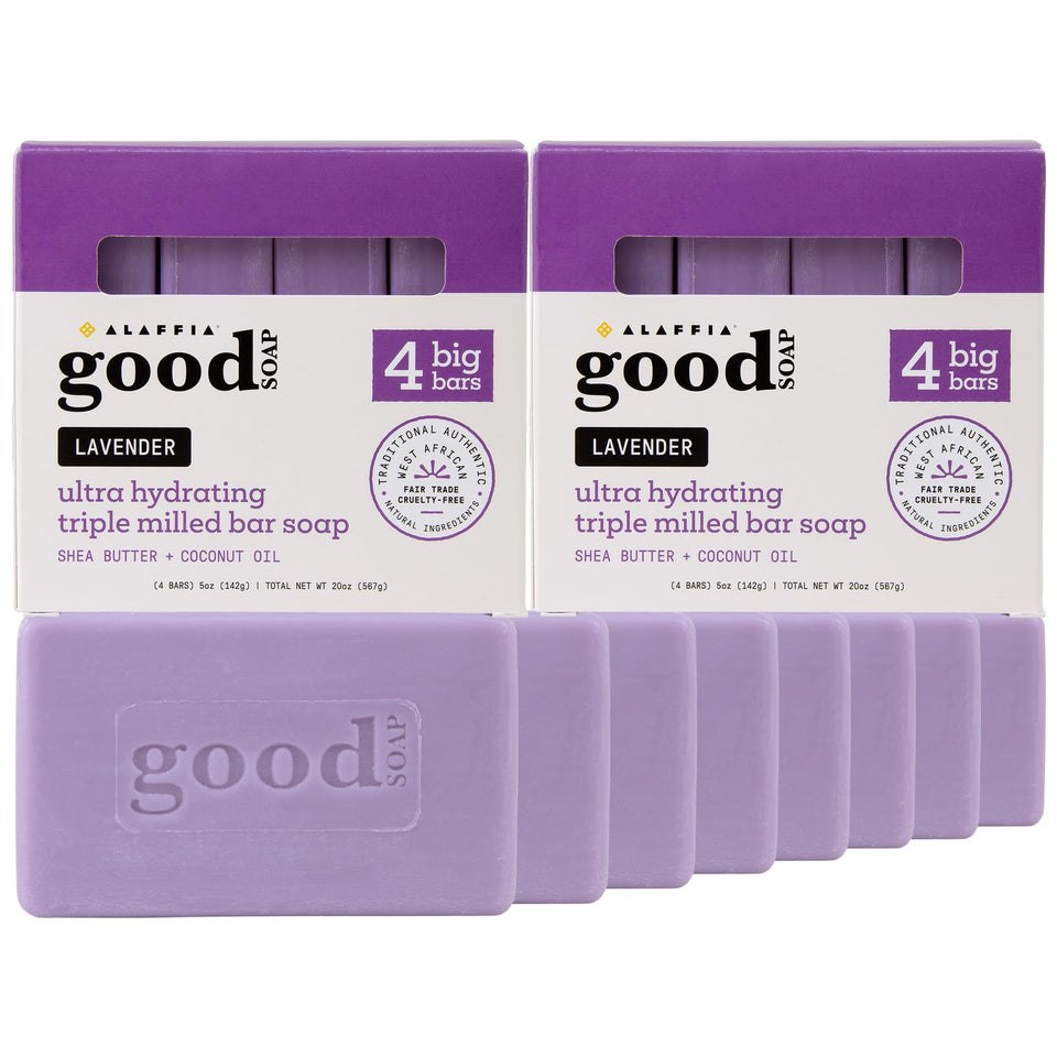 Alaffia Good Soap Lavender 2-pack packaging visible for daily use