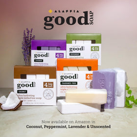 Alaffia Good Soap packaging promoting long-lasting bars for daily use.