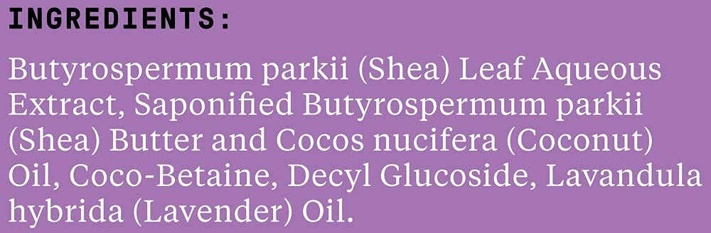 Alaffia Lavender shampoo label close-up highlights Fair Trade ingredients and clean formula.