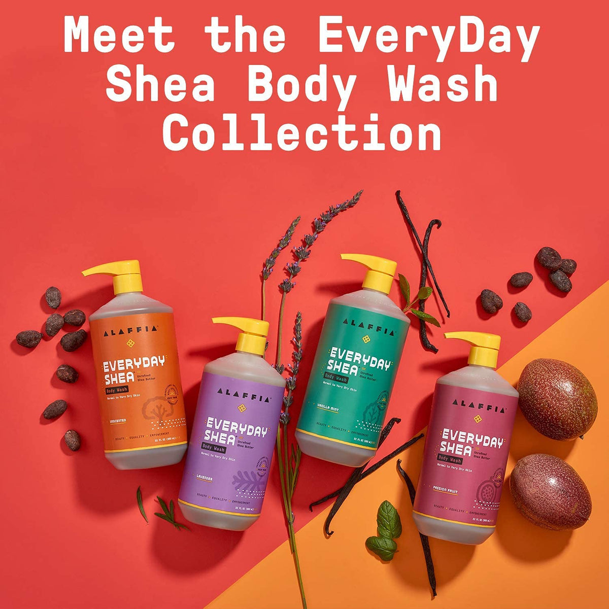 Alaffia set displayed on bathroom shelf for everyday self-care routine.