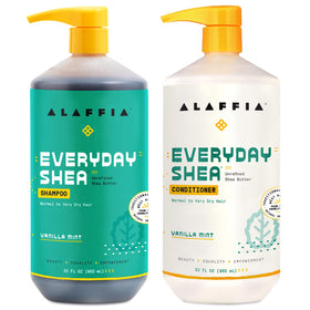 Alaffia Vanilla Mint shampoo bottle highlights gentle daily cleansing for normal to dry hair.