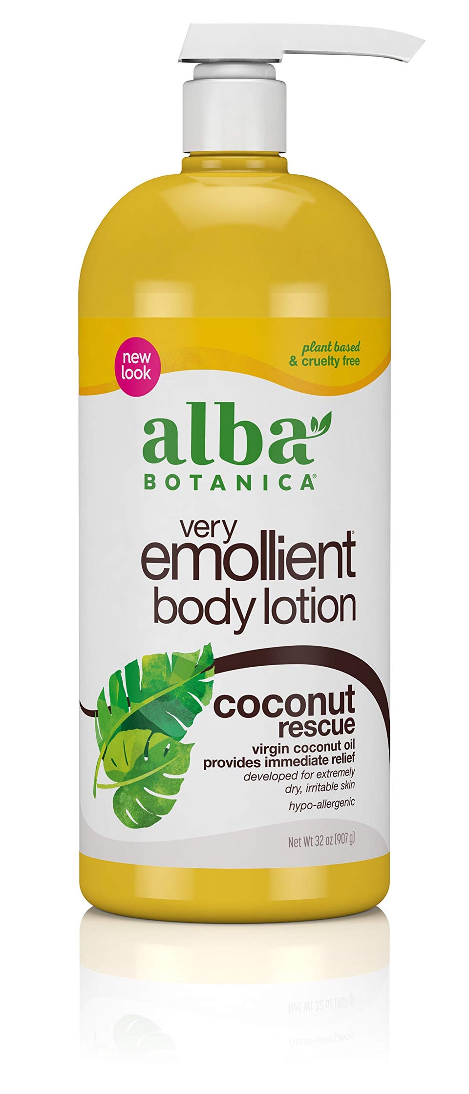Alba Botanica Coconut Rescue bottle demonstrates rich hydration for dry skin after shower.