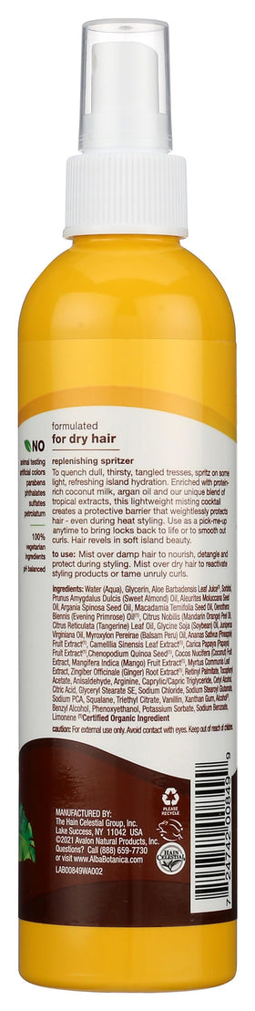 Leave-in mist bottle close-up showing coconut milk keeps hair hydrated and soft