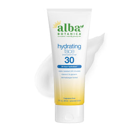 Alba Botanica Sunscreen Face Lotion bottle with fragrance-free SPF 30 for outdoor protection.