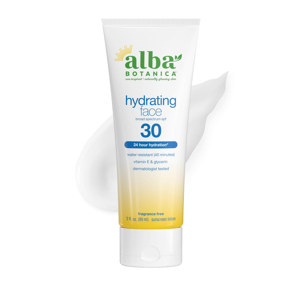 Alba Botanica Sunscreen Face Lotion bottle with fragrance-free SPF 30 for outdoor protection.
