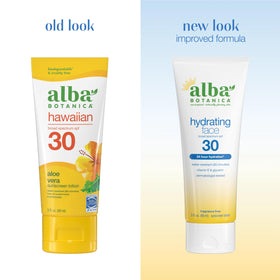 Alba Botanica face sunscreen lotion texture swatch highlights light, non-greasy hydration.