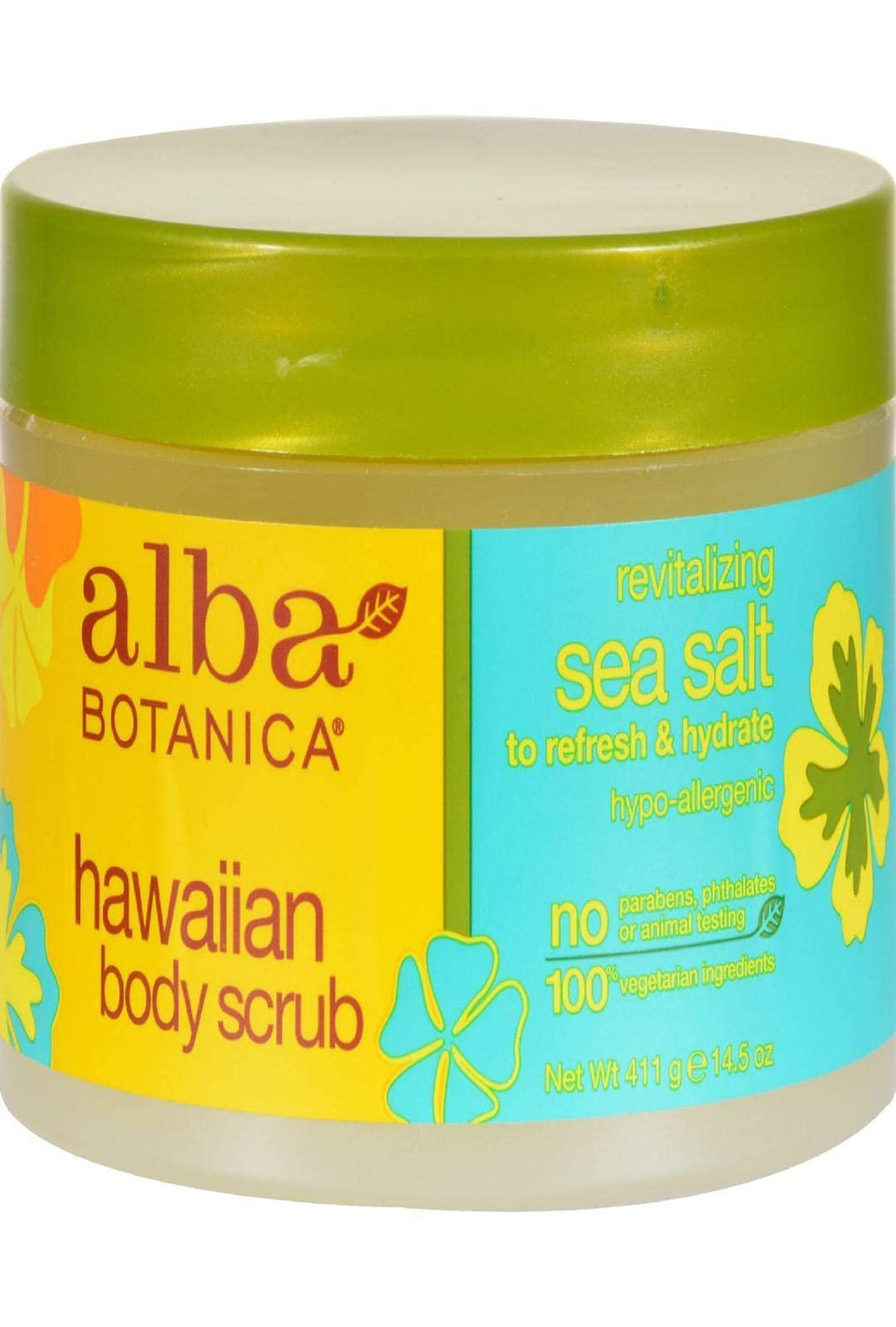Alba Botanica Hawaiian Body Scrub sea salt jar for exfoliation and hydration.