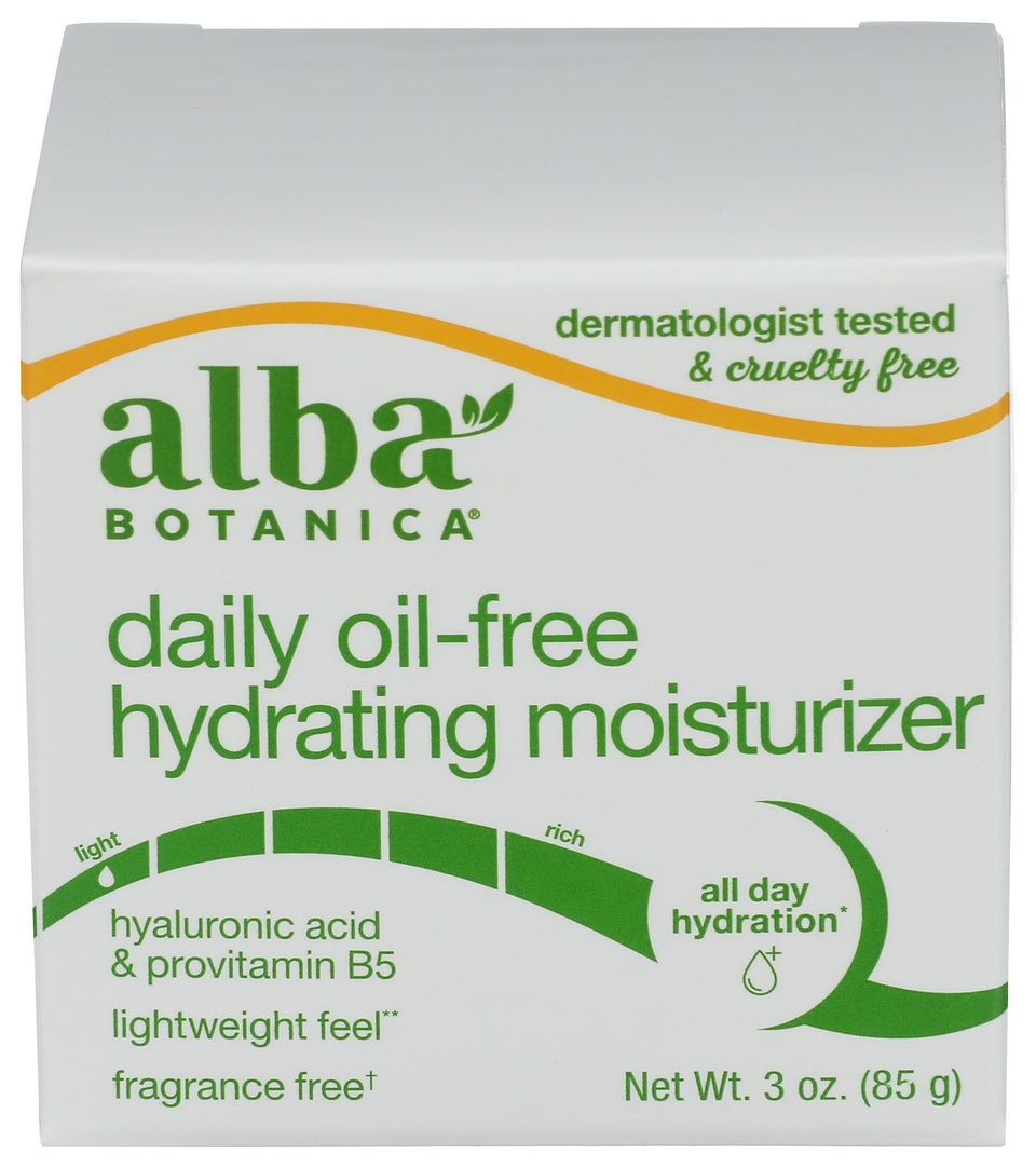 Alba Botanica Aloe Green Tea oil-free moisturizer bottle demonstrates oil-free hydration for sensitive, combo skin.