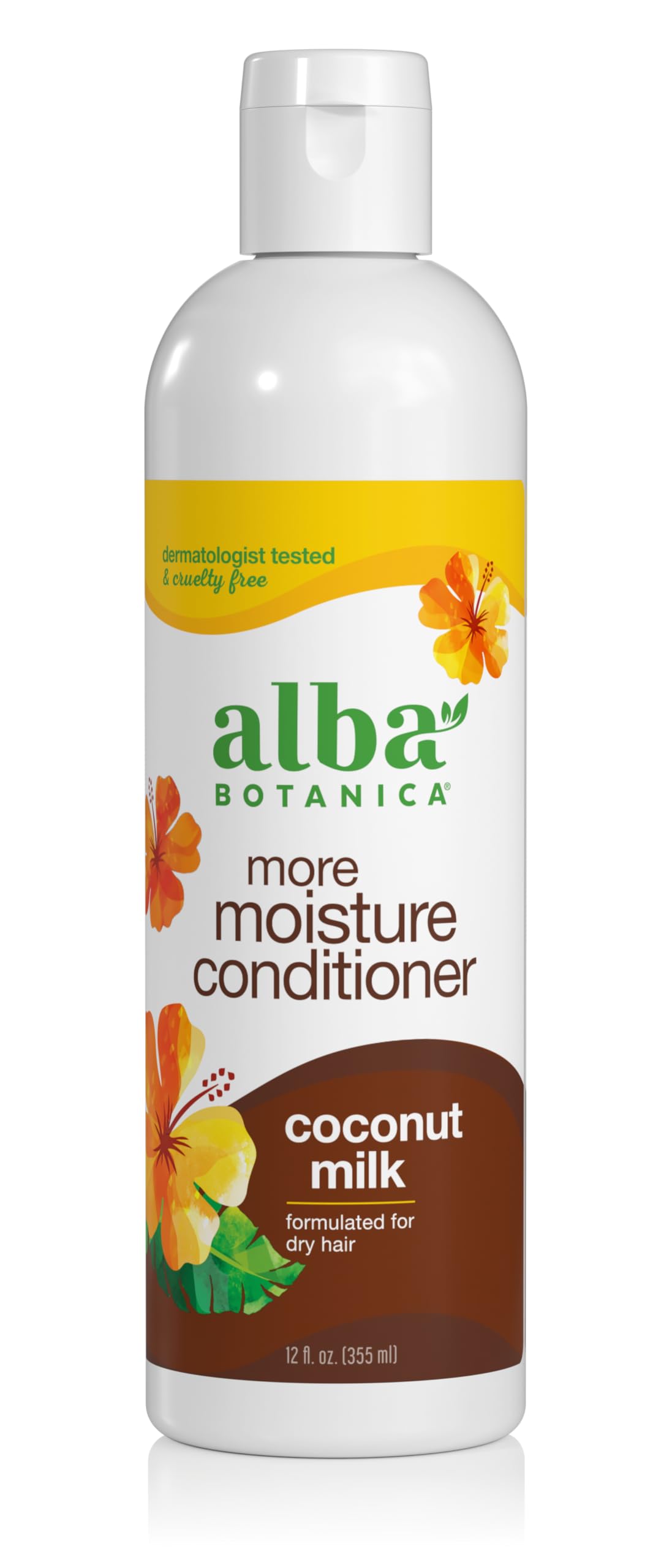 Alba Botanica More Moisture Coconut Milk conditioner bottle delivering hydration.