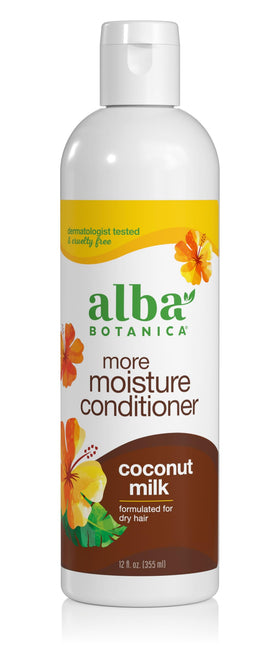 Alba Botanica More Moisture Coconut Milk conditioner bottle delivering hydration.
