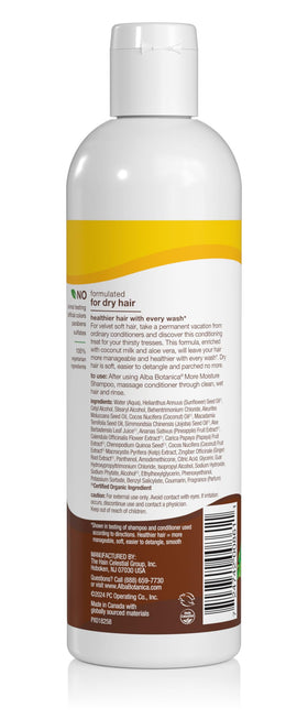 Alba Botanica More Moisture Coconut Milk conditioner label highlighting natural ingredients.