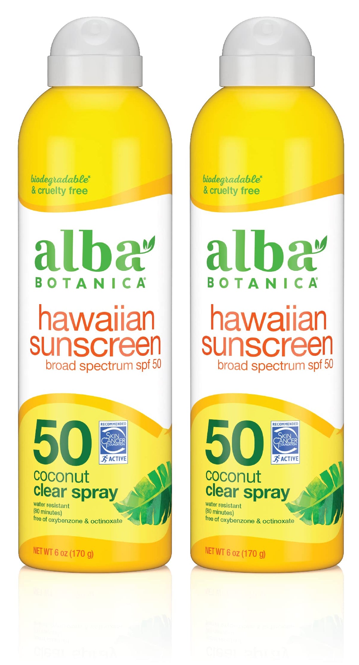 Alba Botanica sunscreen spray bottle offering SPF 50 protection for face and body