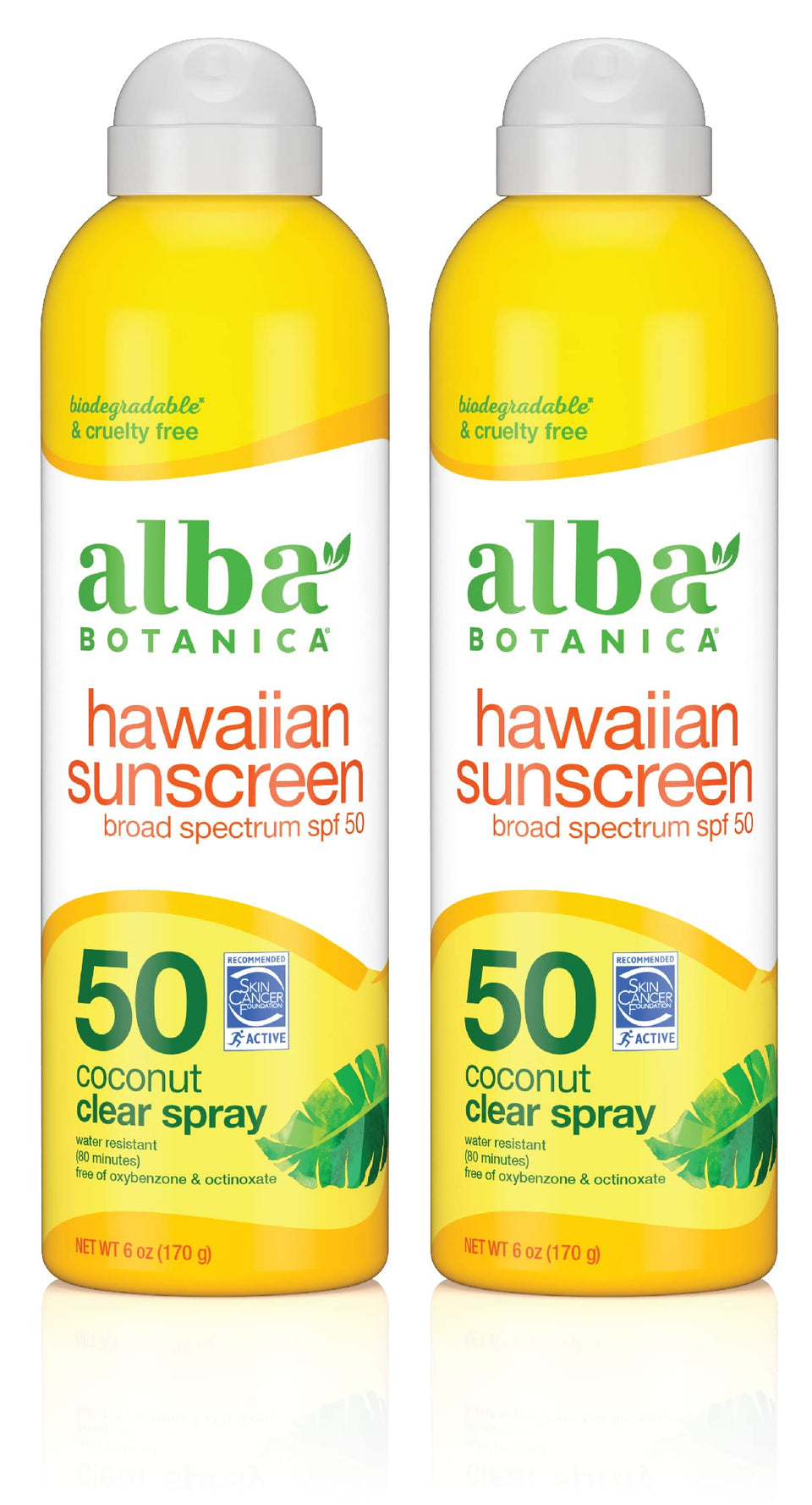 Alba Botanica sunscreen spray bottle offering SPF 50 protection for face and body