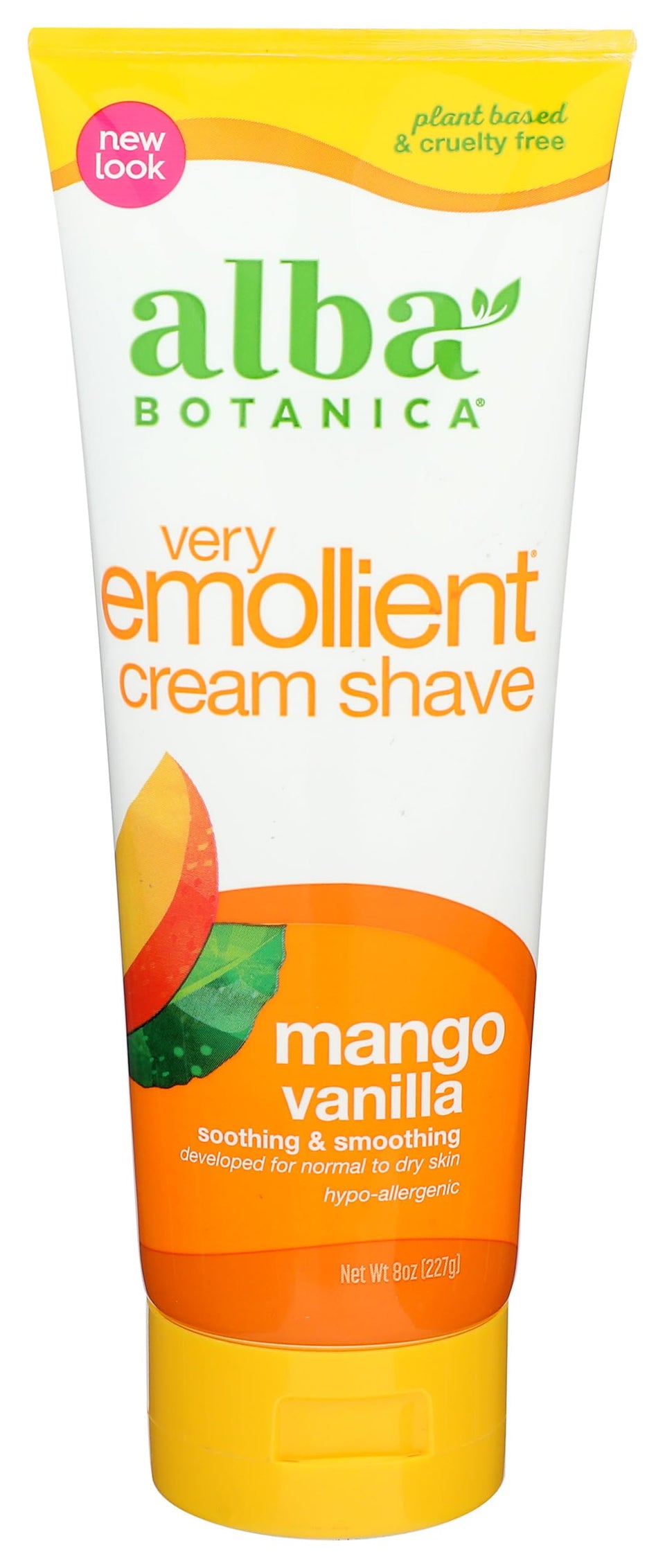 Alba Botanica Very Emollient Mango Vanilla Shave Cream tube ready for a smooth, hydrated shave.