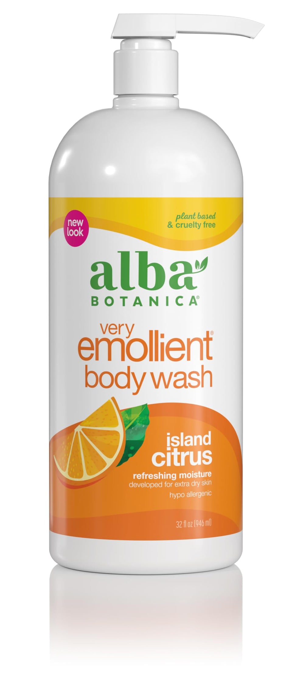 Alba Botanica Very Emollient Island Citrus bottle for hydrating bath and shower.