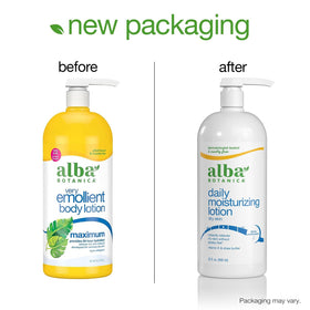 Packaging label close-up of Alba Botanica Very Emollient Maximum lotion