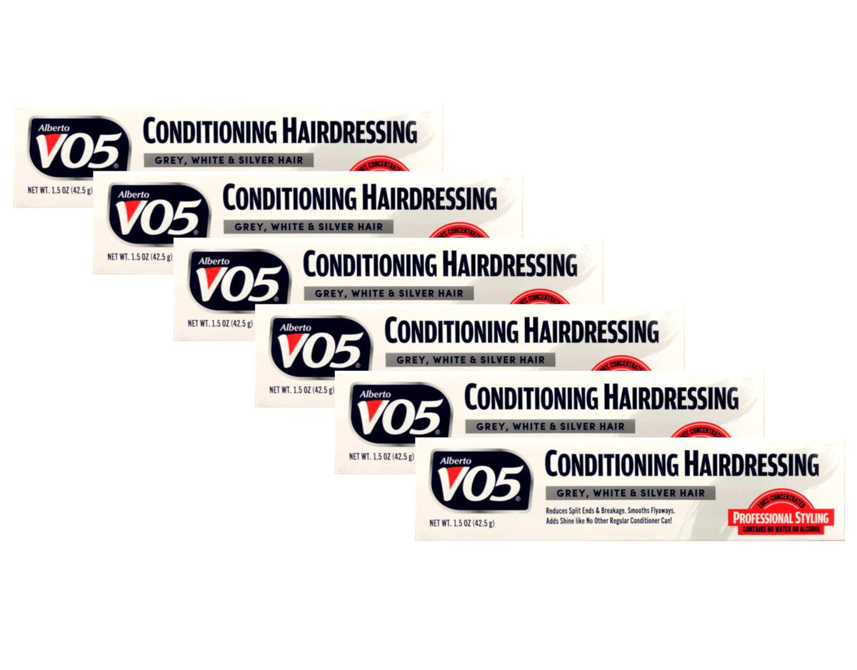 Alberto VO5 tubes shown on a model with silver hair for smoother results